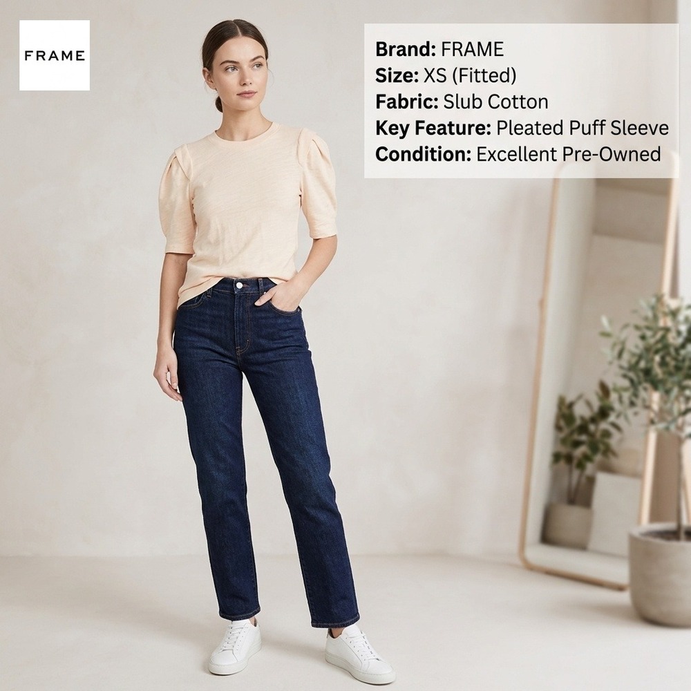 FRAME Pleated Puff Sleeve Tee Women XS Peach Excellent Slub Cotton Crewneck